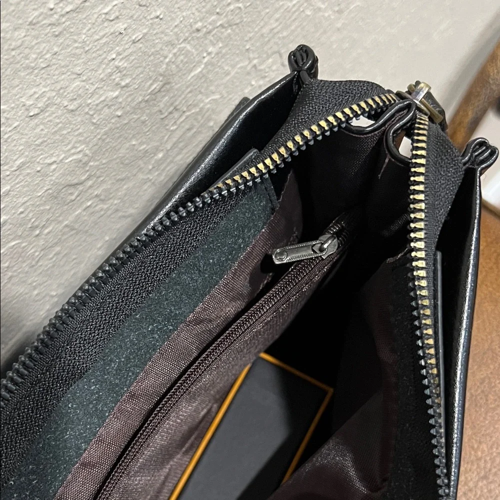 Like New Polo Videng Black Leather like Messenger Bag with 4 Zipper areas!